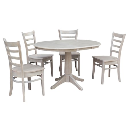 International Concepts Round 36 in Rd Extension Dining Table, 4 Emily Chairs, Washed Gray Taupe, 36 in W, 48 in L, Wood K09-36RXT-27B-C617-4
